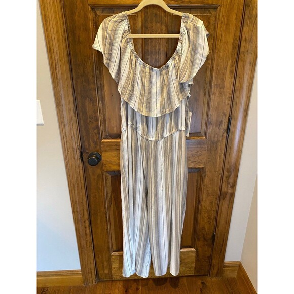Tribal Womens Off  Shoulder Striped Cropped Leg Plus XXL NWT Slimming Jumpsuit - Picture 2 of 10